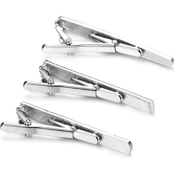 set of 3 silver tie clips stainless steel for men business wedding formal attire - Picture 4 of 7
